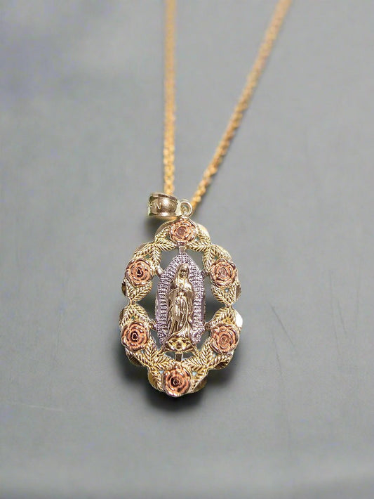 Gold Virgin Guadalupe Pendant with Rose Gold Flowers